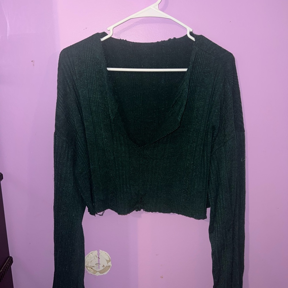 Women's dark green V-Neck Ribbed Top